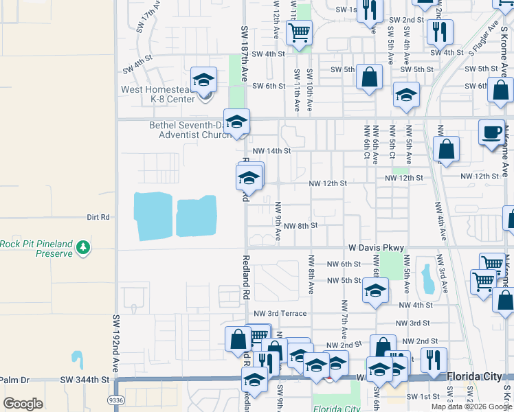 map of restaurants, bars, coffee shops, grocery stores, and more near 1013 Redland Road in Homestead