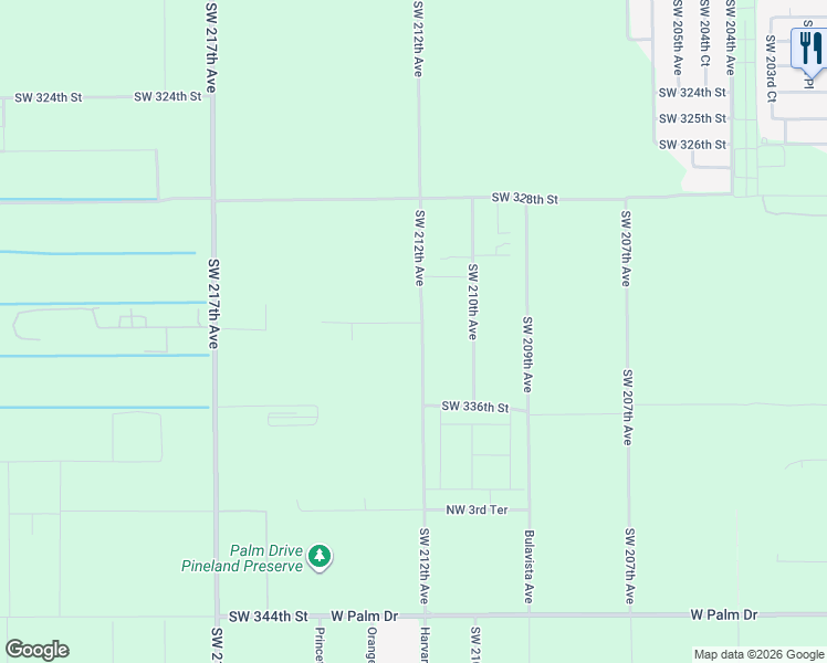 map of restaurants, bars, coffee shops, grocery stores, and more near 33300 Southwest 212th Avenue in Homestead