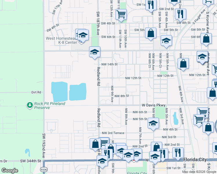 map of restaurants, bars, coffee shops, grocery stores, and more near 1050 Northwest 9th Avenue in Homestead