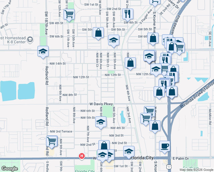 map of restaurants, bars, coffee shops, grocery stores, and more near 554 Northwest 9th Street in Florida City