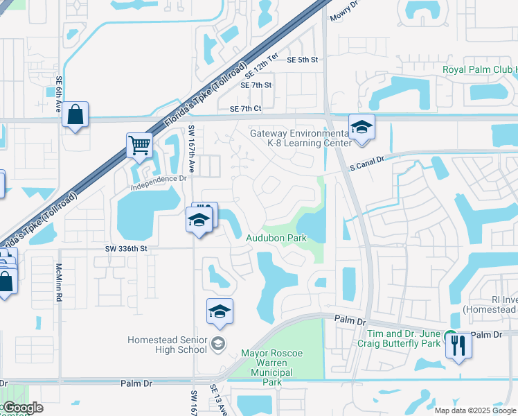 map of restaurants, bars, coffee shops, grocery stores, and more near 1310 South Audubon Drive in Homestead