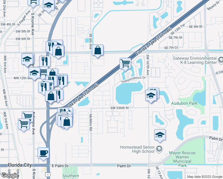 map of restaurants, bars, coffee shops, grocery stores, and more near 1303 South Liberty Avenue in Homestead