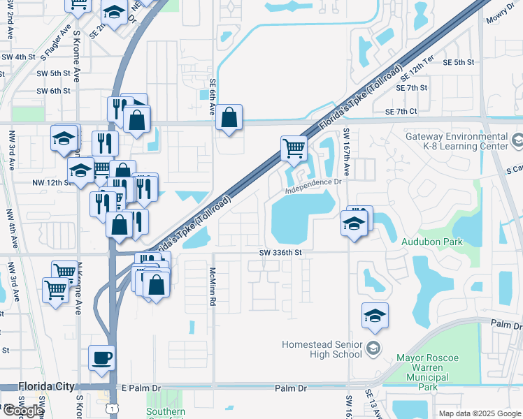 map of restaurants, bars, coffee shops, grocery stores, and more near 1303 South Liberty Avenue in Homestead