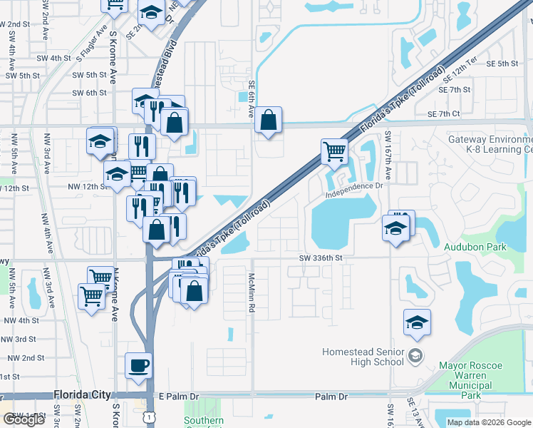 map of restaurants, bars, coffee shops, grocery stores, and more near 12 Southeast 6th Avenue in Homestead