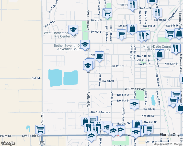 map of restaurants, bars, coffee shops, grocery stores, and more near 1013 Redland Road in Homestead