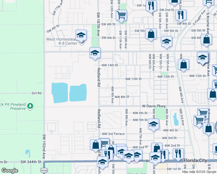 map of restaurants, bars, coffee shops, grocery stores, and more near 1050 Northwest 9th Avenue in Homestead