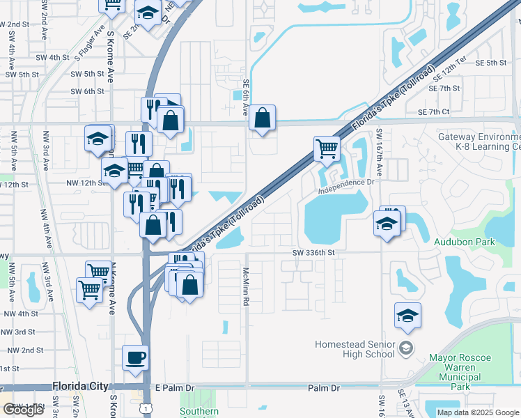 map of restaurants, bars, coffee shops, grocery stores, and more near 12 Southeast 6th Avenue in Homestead