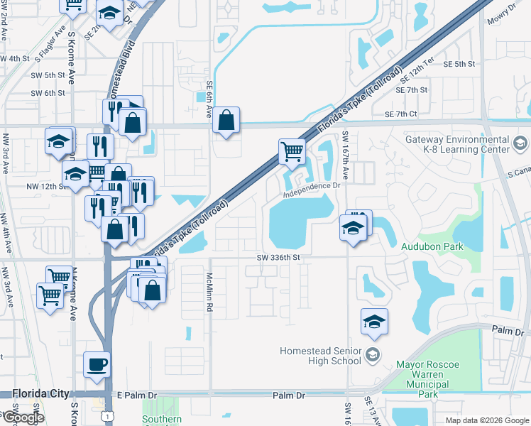 map of restaurants, bars, coffee shops, grocery stores, and more near 1303 South Liberty Avenue in Homestead