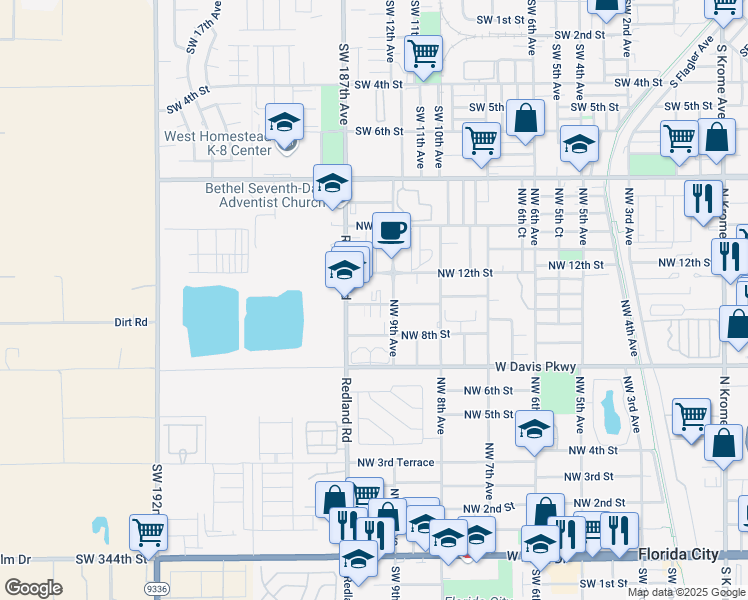 map of restaurants, bars, coffee shops, grocery stores, and more near 1013 Redland Road in Homestead