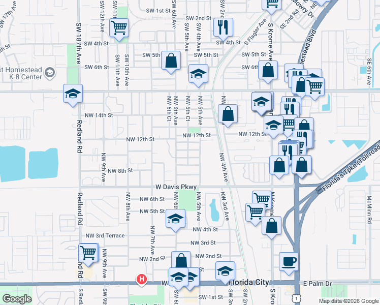 map of restaurants, bars, coffee shops, grocery stores, and more near 536 Northwest 10th Street in Florida City