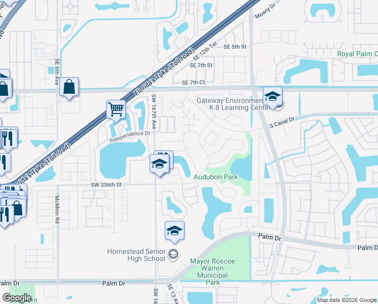 map of restaurants, bars, coffee shops, grocery stores, and more near 1375 South Fieldlark Lane in Homestead
