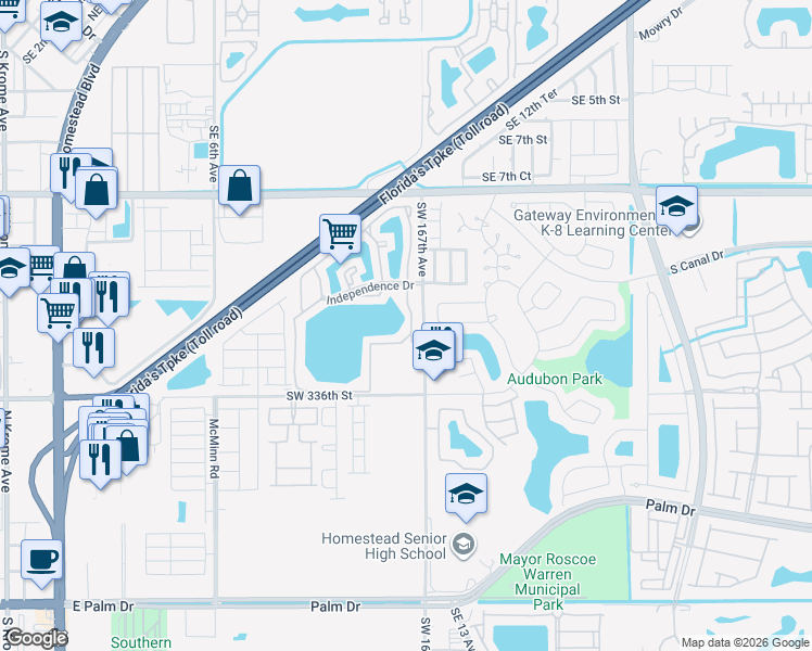 map of restaurants, bars, coffee shops, grocery stores, and more near 1280 South Franklin Avenue in Homestead