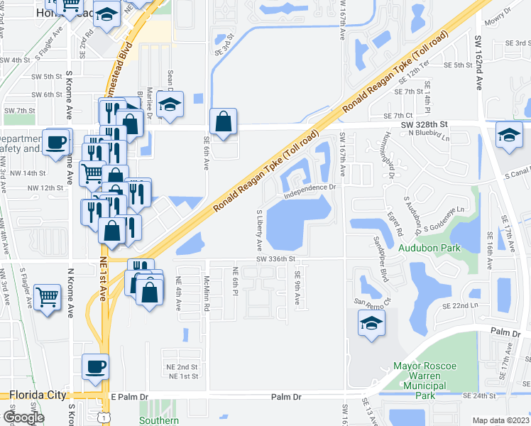 map of restaurants, bars, coffee shops, grocery stores, and more near 1303 South Liberty Avenue in Homestead