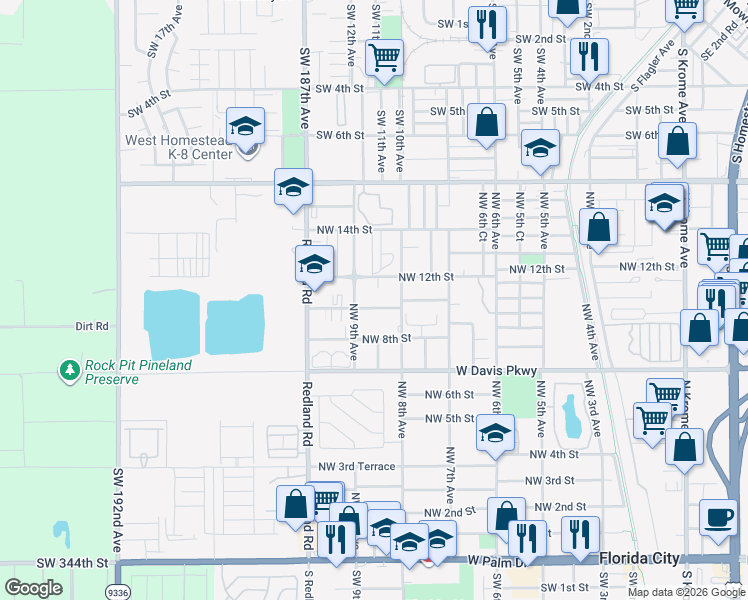 map of restaurants, bars, coffee shops, grocery stores, and more near 810 Northwest 10th Street in Florida City