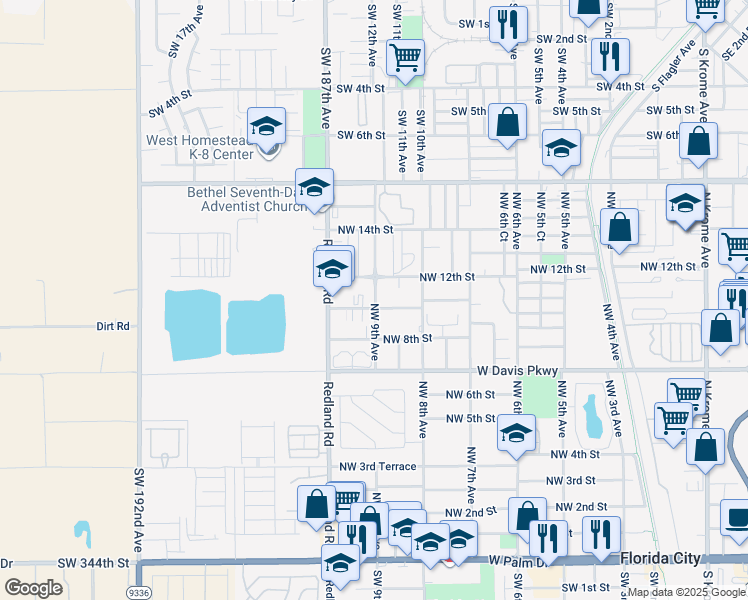 map of restaurants, bars, coffee shops, grocery stores, and more near 1050 Northwest 9th Avenue in Homestead