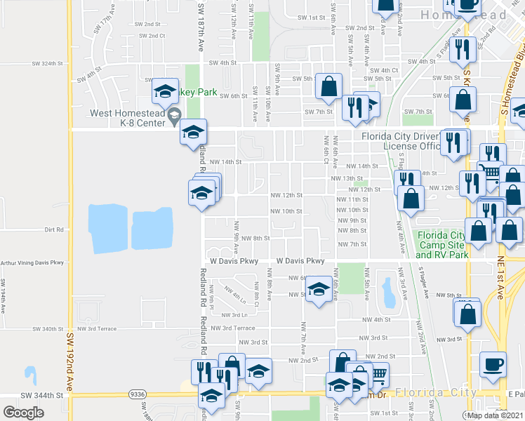 map of restaurants, bars, coffee shops, grocery stores, and more near 810 Northwest 10th Street in Florida City