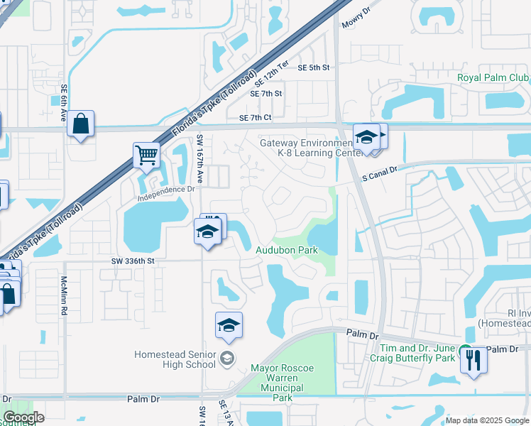map of restaurants, bars, coffee shops, grocery stores, and more near 1310 South Audubon Drive in Homestead