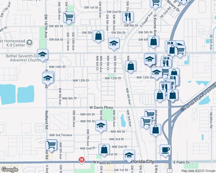 map of restaurants, bars, coffee shops, grocery stores, and more near 536 Northwest 10th Street in Florida City