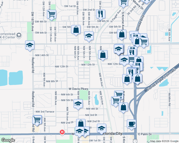 map of restaurants, bars, coffee shops, grocery stores, and more near 536 Northwest 10th Street in Florida City
