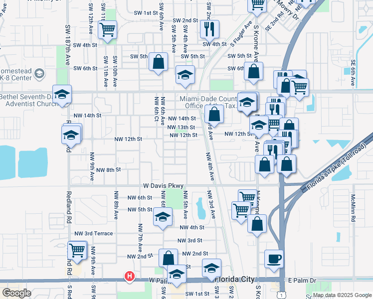 map of restaurants, bars, coffee shops, grocery stores, and more near 536 Northwest 10th Street in Florida City