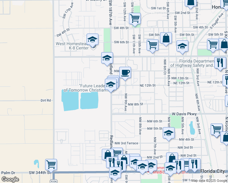 map of restaurants, bars, coffee shops, grocery stores, and more near 1013 Redland Road in Homestead