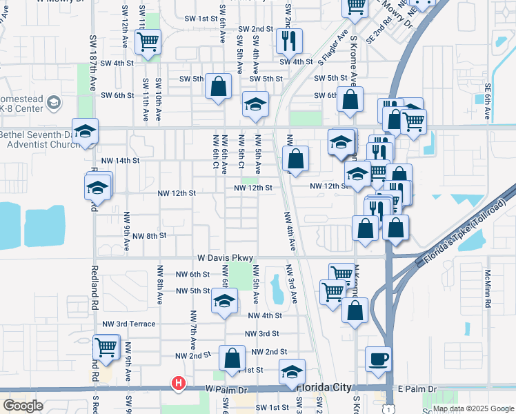 map of restaurants, bars, coffee shops, grocery stores, and more near 536 Northwest 10th Street in Florida City