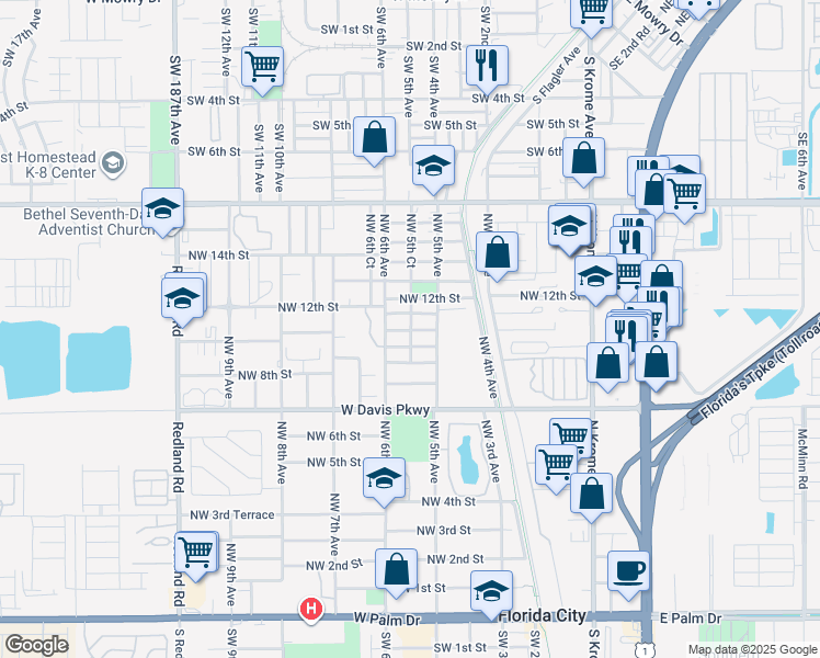 map of restaurants, bars, coffee shops, grocery stores, and more near 536 Northwest 10th Street in Florida City
