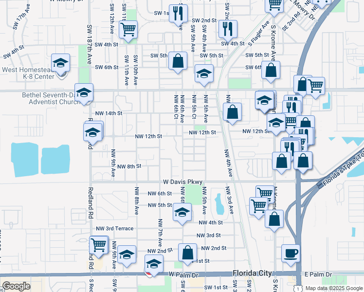 map of restaurants, bars, coffee shops, grocery stores, and more near 927 Northwest 6th Avenue in Florida City