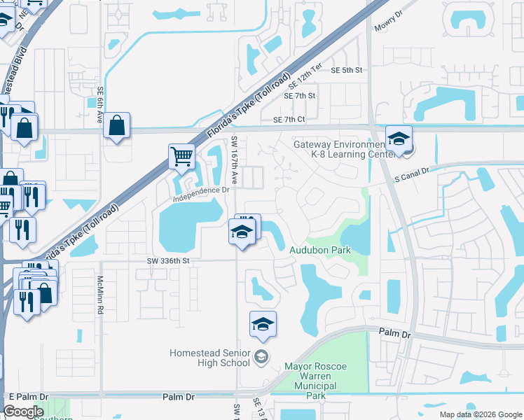 map of restaurants, bars, coffee shops, grocery stores, and more near 1355 South Fieldlark Lane in Homestead