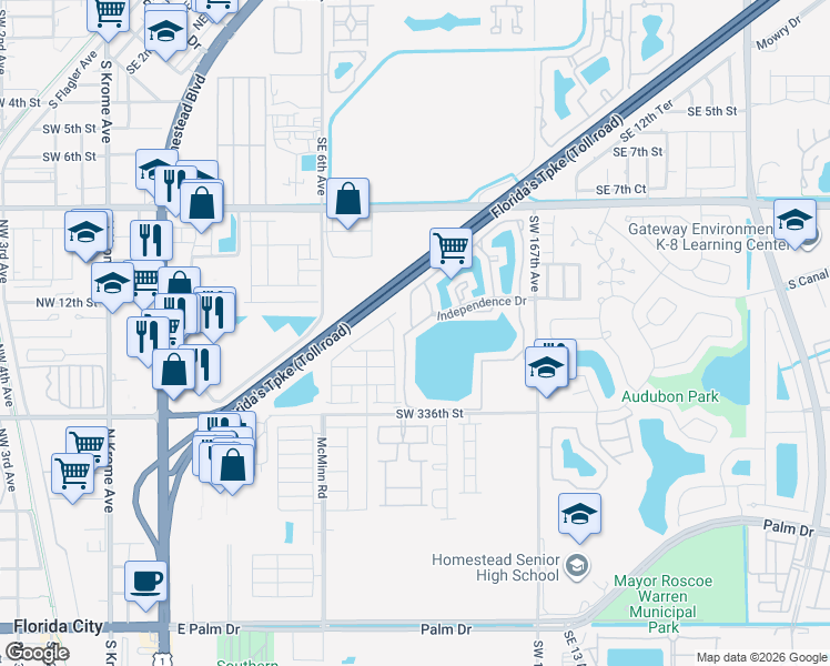 map of restaurants, bars, coffee shops, grocery stores, and more near 1303 South Liberty Avenue in Homestead
