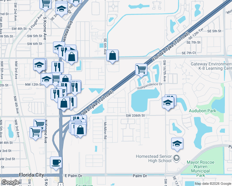 map of restaurants, bars, coffee shops, grocery stores, and more near 12 Southeast 6th Avenue in Homestead