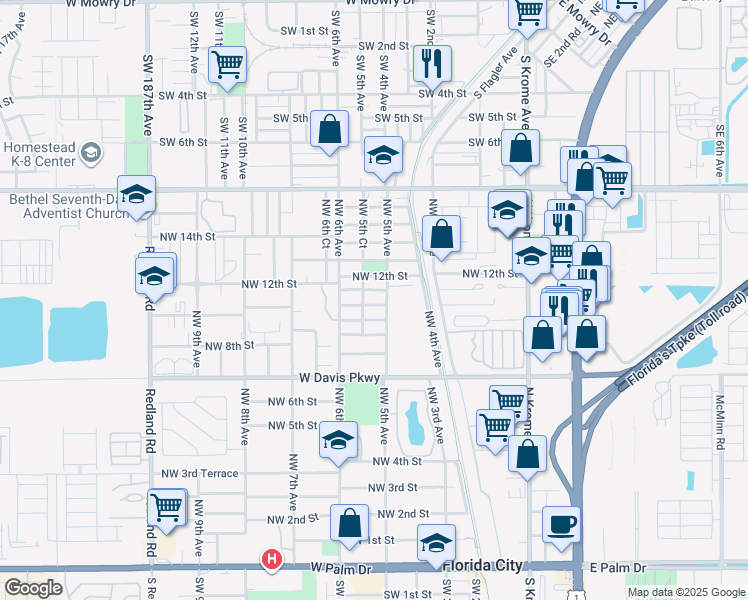 map of restaurants, bars, coffee shops, grocery stores, and more near 536 Northwest 10th Street in Florida City