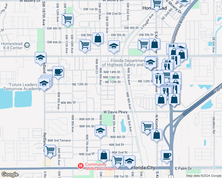map of restaurants, bars, coffee shops, grocery stores, and more near 536 Northwest 10th Street in Florida City