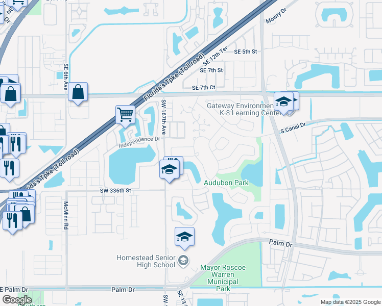map of restaurants, bars, coffee shops, grocery stores, and more near 1375 South Fieldlark Lane in Homestead