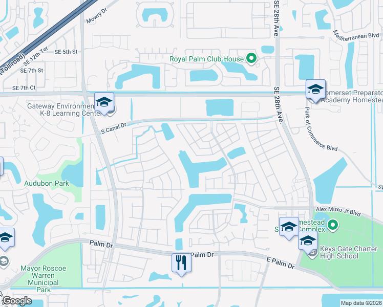 map of restaurants, bars, coffee shops, grocery stores, and more near Southeast 23rd Avenue in Homestead