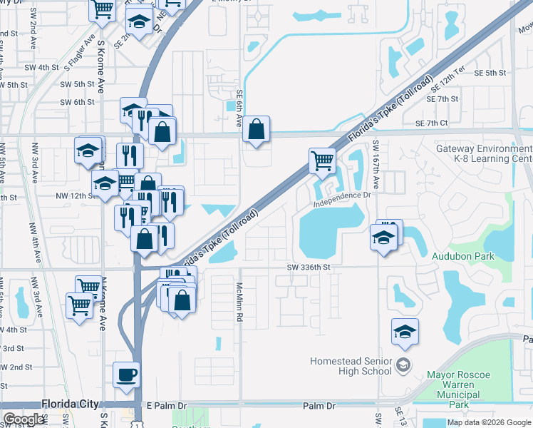 map of restaurants, bars, coffee shops, grocery stores, and more near 12 Southeast 6th Avenue in Homestead