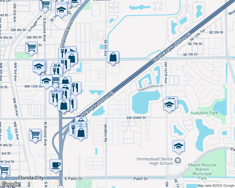 map of restaurants, bars, coffee shops, grocery stores, and more near 12 Southeast 6th Avenue in Homestead