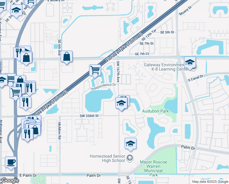 map of restaurants, bars, coffee shops, grocery stores, and more near 1280 South Franklin Avenue in Homestead