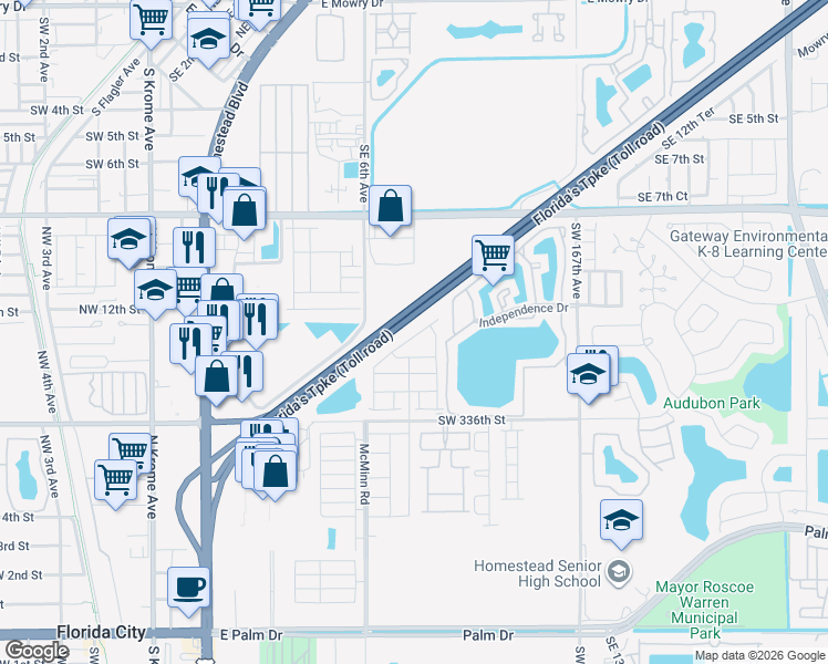 map of restaurants, bars, coffee shops, grocery stores, and more near 12 Southeast 6th Avenue in Homestead