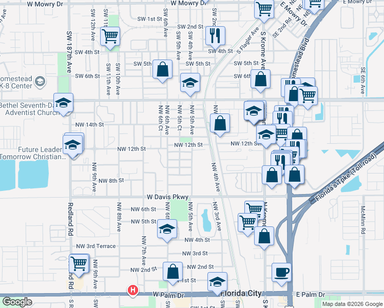 map of restaurants, bars, coffee shops, grocery stores, and more near 536 Northwest 10th Street in Florida City