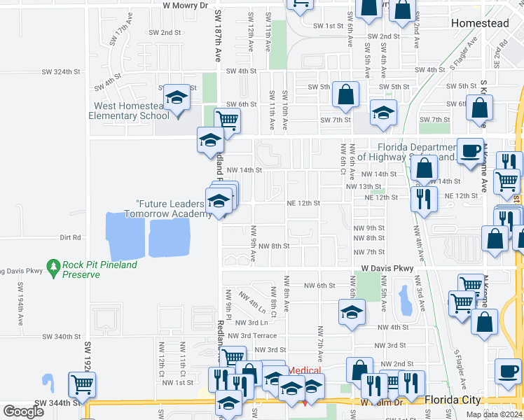 map of restaurants, bars, coffee shops, grocery stores, and more near 1050 Northwest 9th Avenue in Homestead