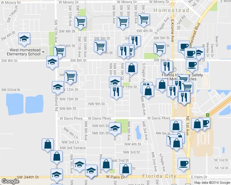 map of restaurants, bars, coffee shops, grocery stores, and more near 1055 Northwest 6th Avenue in Florida City