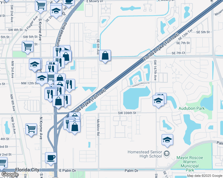 map of restaurants, bars, coffee shops, grocery stores, and more near 12 Southeast 6th Avenue in Homestead