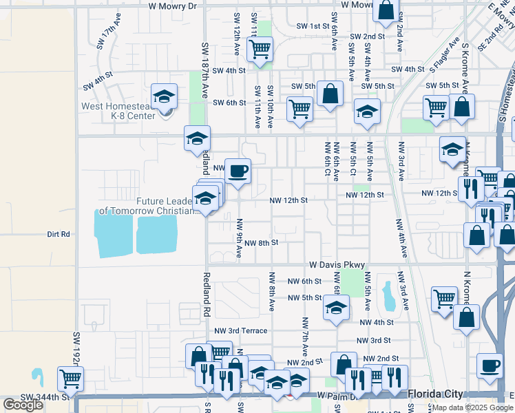 map of restaurants, bars, coffee shops, grocery stores, and more near 839 Northwest 12th Street in Florida City
