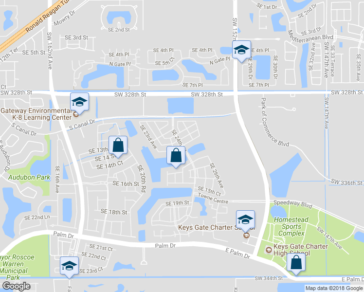 map of restaurants, bars, coffee shops, grocery stores, and more near Southeast 12th Court in Homestead