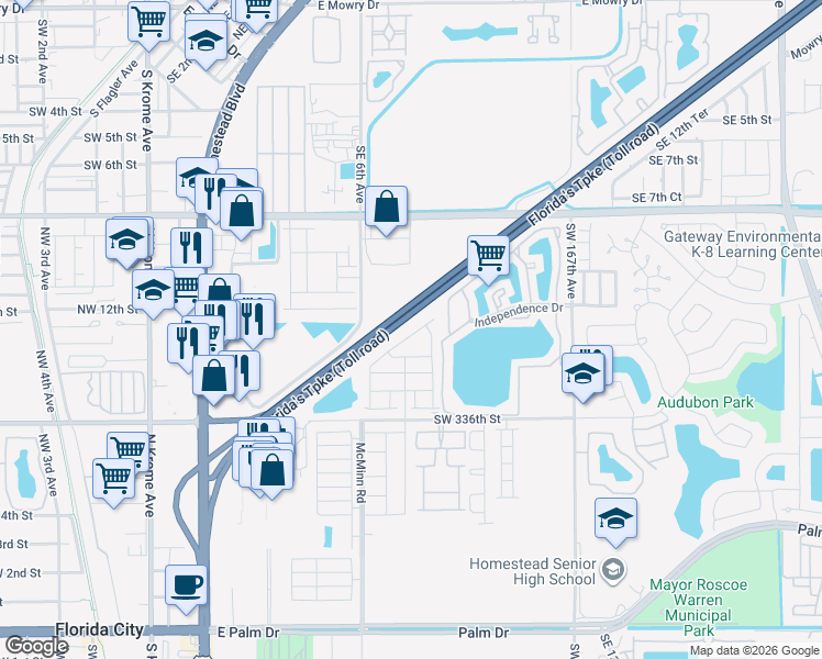 map of restaurants, bars, coffee shops, grocery stores, and more near 12 Southeast 6th Avenue in Homestead