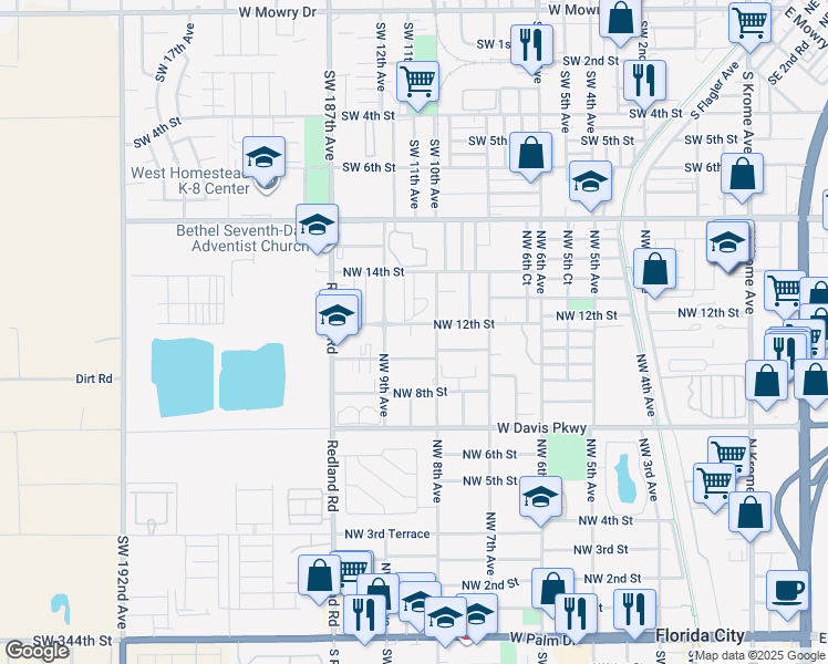 map of restaurants, bars, coffee shops, grocery stores, and more near 810 Northwest 10th Street in Florida City