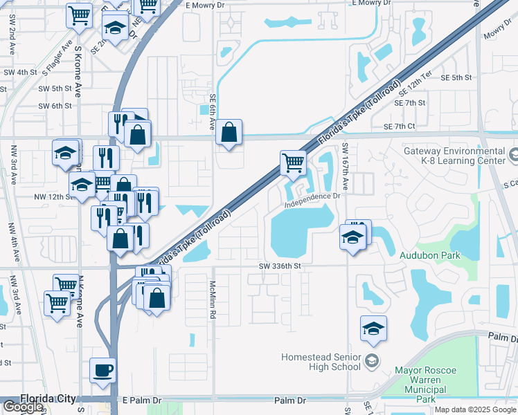 map of restaurants, bars, coffee shops, grocery stores, and more near 1303 South Liberty Avenue in Homestead