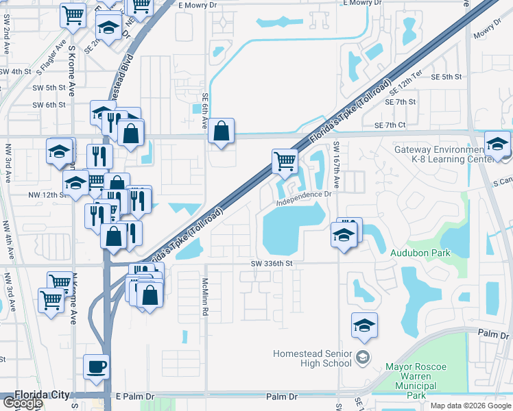 map of restaurants, bars, coffee shops, grocery stores, and more near 1303 South Liberty Avenue in Homestead