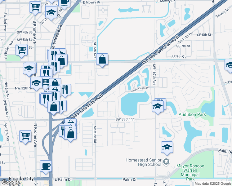 map of restaurants, bars, coffee shops, grocery stores, and more near 1303 South Liberty Avenue in Homestead